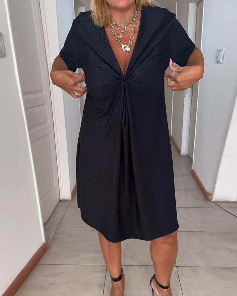 Twisted short-sleeved dress with V-neckline