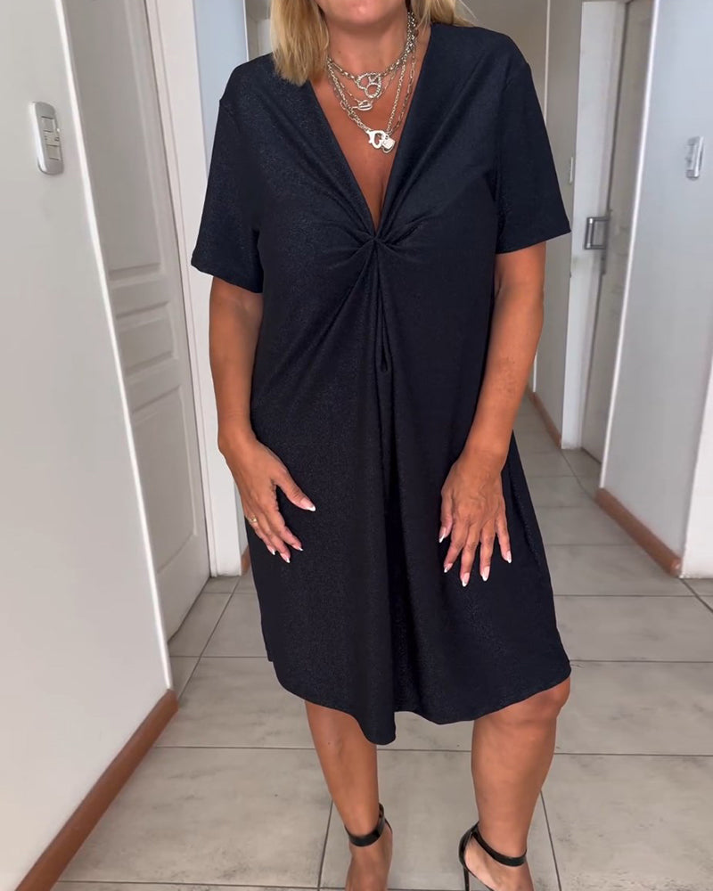 Twisted short-sleeved dress with V-neckline